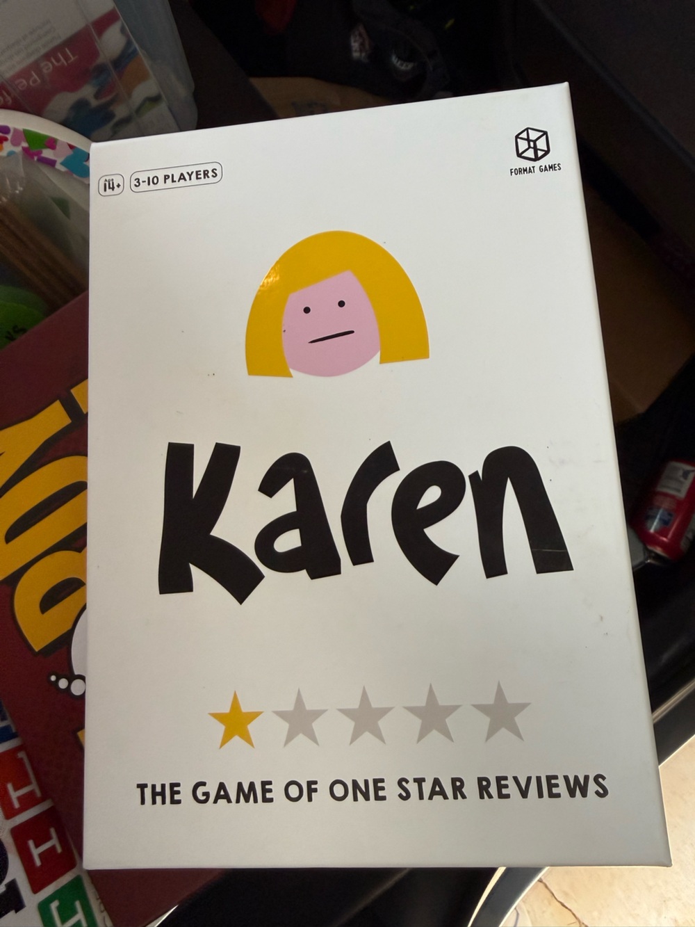 Karen: The Game of One Star Reviews Party Board Game - White, Yellow, Pink